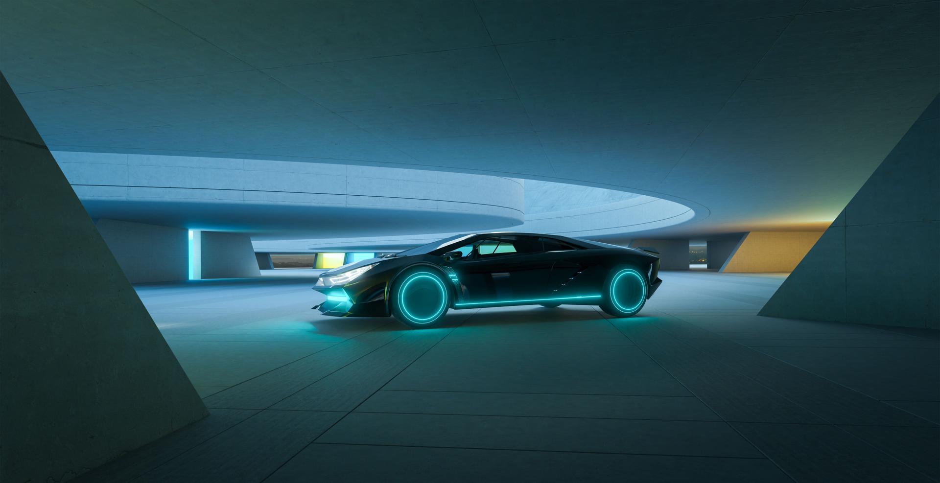 3d rendering futuristic sports car parked in modern garage with neon lights