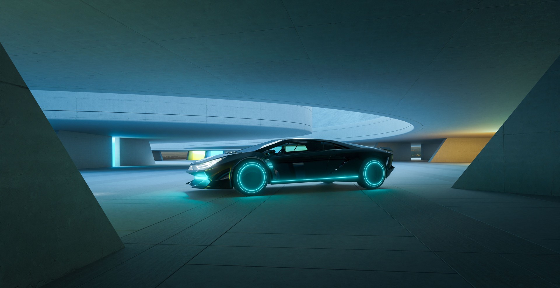 3d rendering futuristic sports car parked in modern garage with neon lights