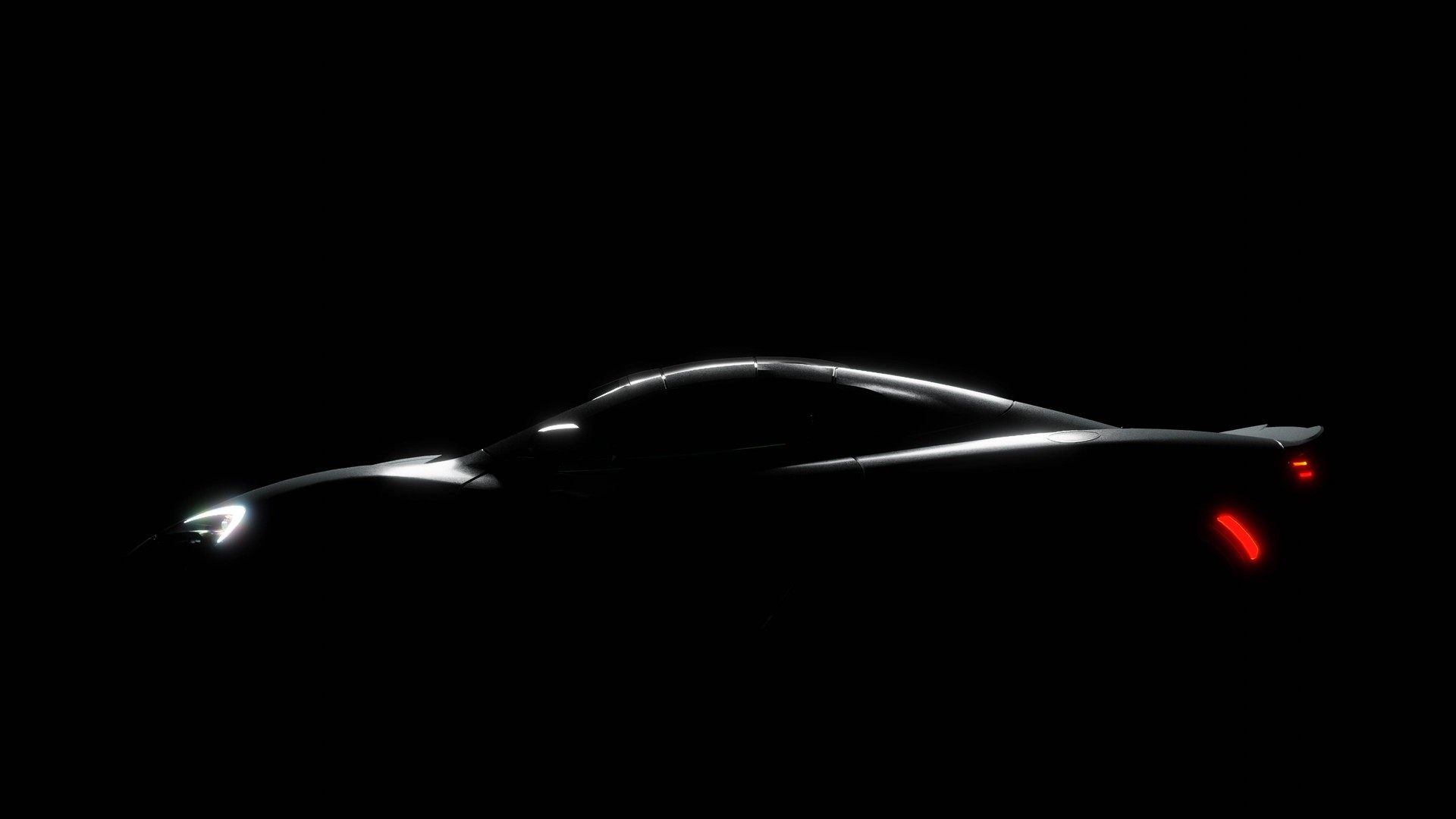 Silhouette of black sports car with headlights on black background, photorealistic 3d illustration render